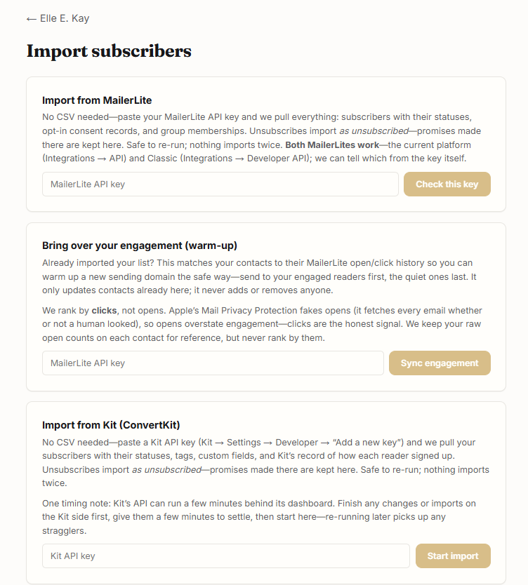 The Import subscribers screen: paste a MailerLite API key and everything comes over—statuses, consent records, group memberships